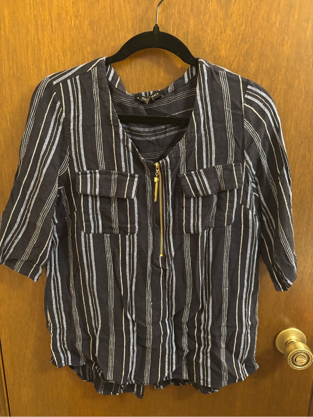 Ellen Tracy Navy and White Striped zipper front Top